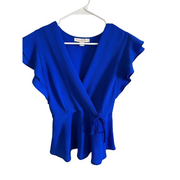 Monteau Women's Medium Blue Faux Wrap Ruffle Short Sleeve V-Neck Blouse - Picture 5 of 10